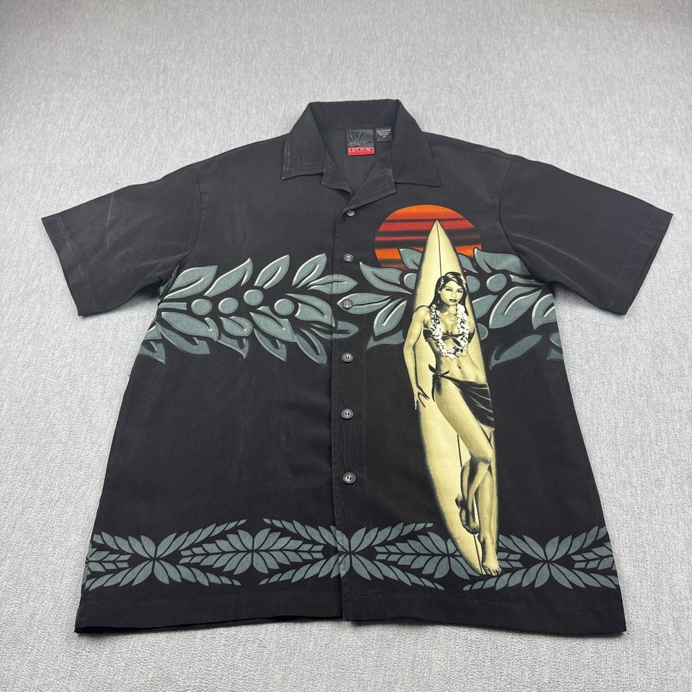 Vintage‎ C-Two Shirt Mens Medium Black Hawaiian Hula Girl Short Sleeve Button Up
